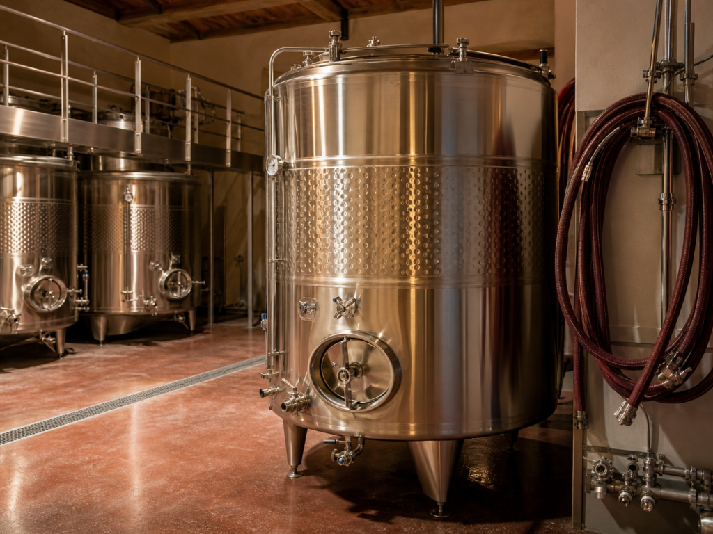 Cuve inox 1000 litres en situation dans un chai