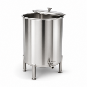 Cuve inox 100 litres alimentaire fond plat 304L sur fond blanc