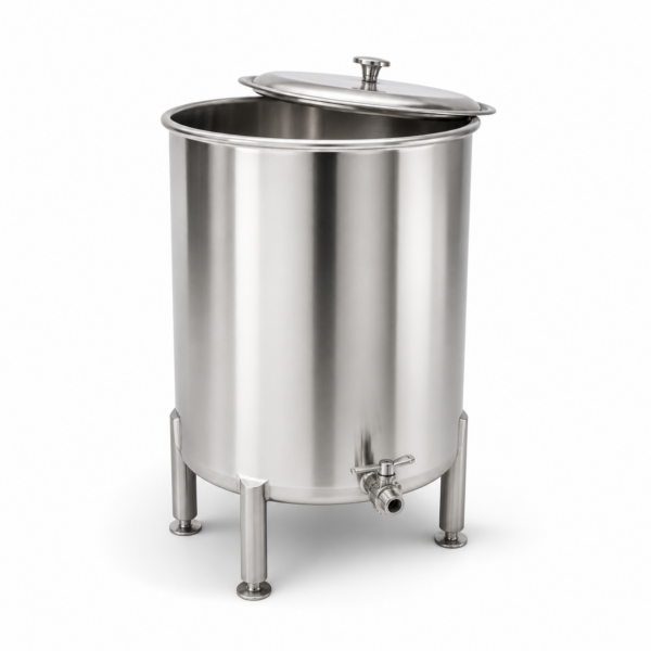 Cuve inox 100 litres alimentaire fond plat 304L sur fond blanc