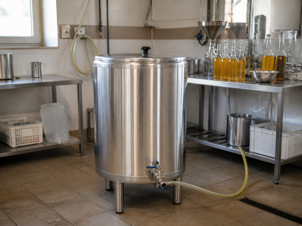 Cuve inox 100 litres en situation dans un atelier alimentaire