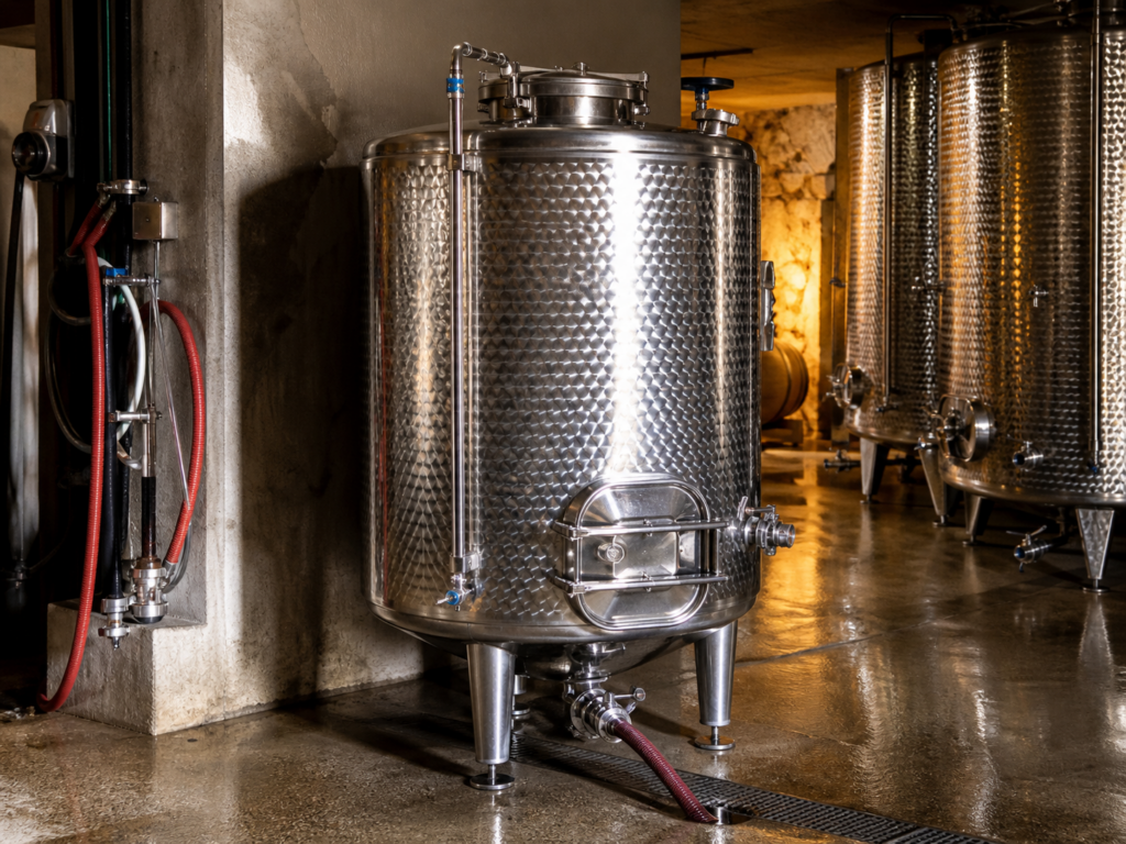 Cuve inox 2000 litres en situation dans un chai de vinification