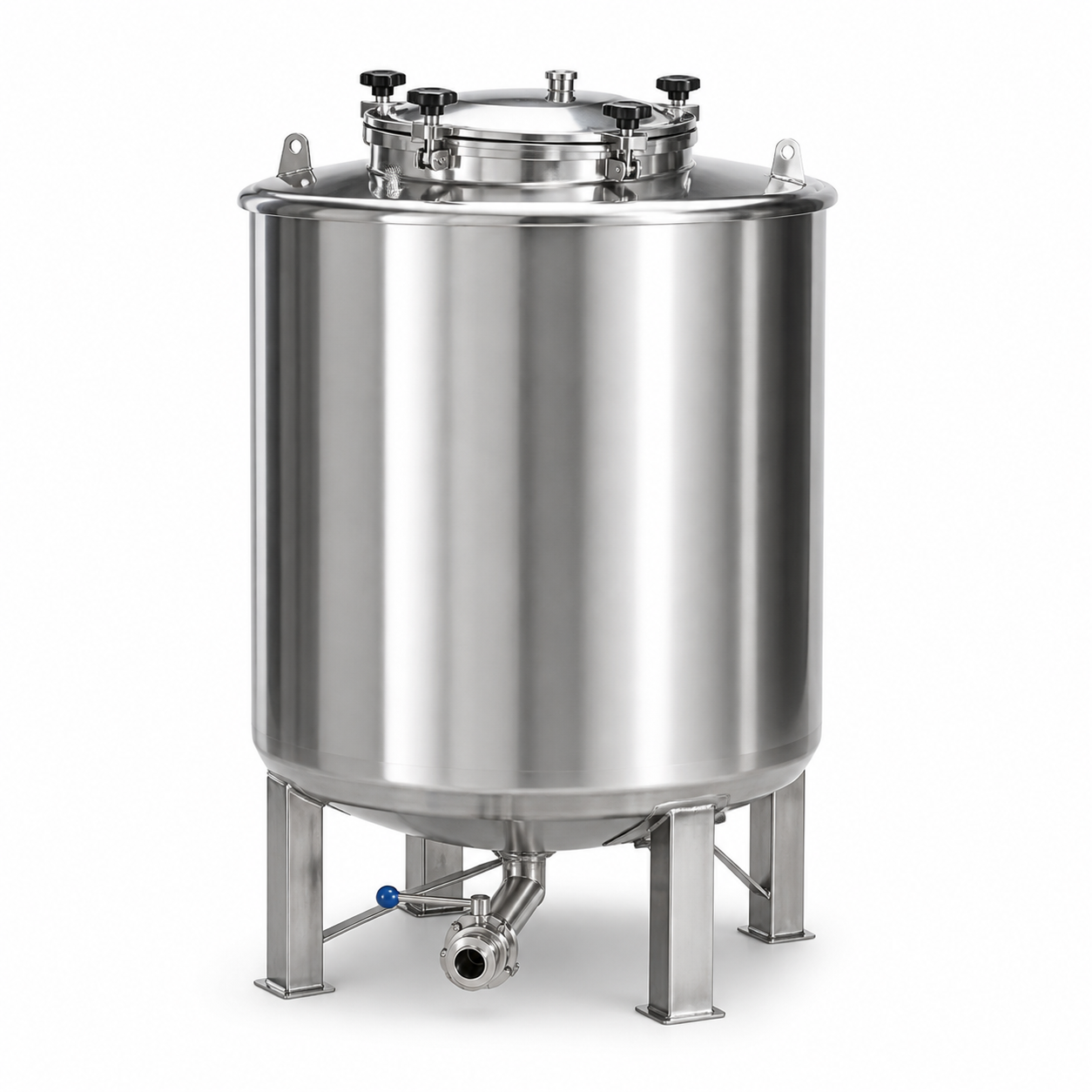 Cuve inox alimentaire 500 litres 316L fond plat sur fond blanc