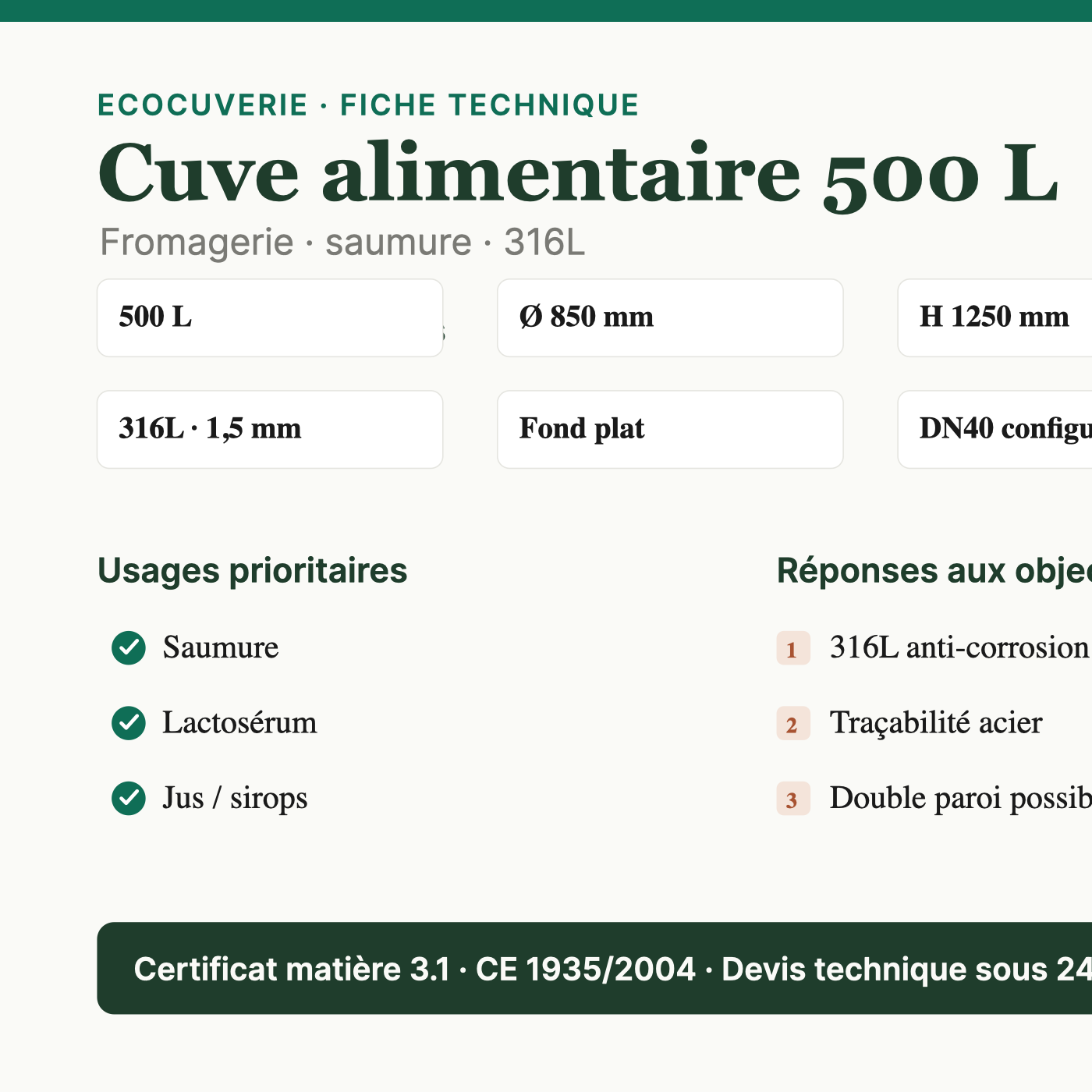 Infographie cuve inox alimentaire 500 litres 316L
