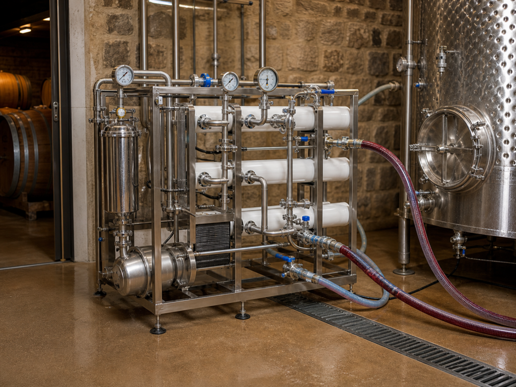 Skid de filtration tangentielle en situation dans un chai